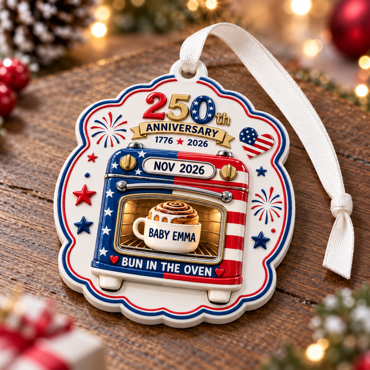 Patriotic 250th Anniversary Bun in the Oven Pregnancy Announcement Keepsake - 3D Relief Ornament