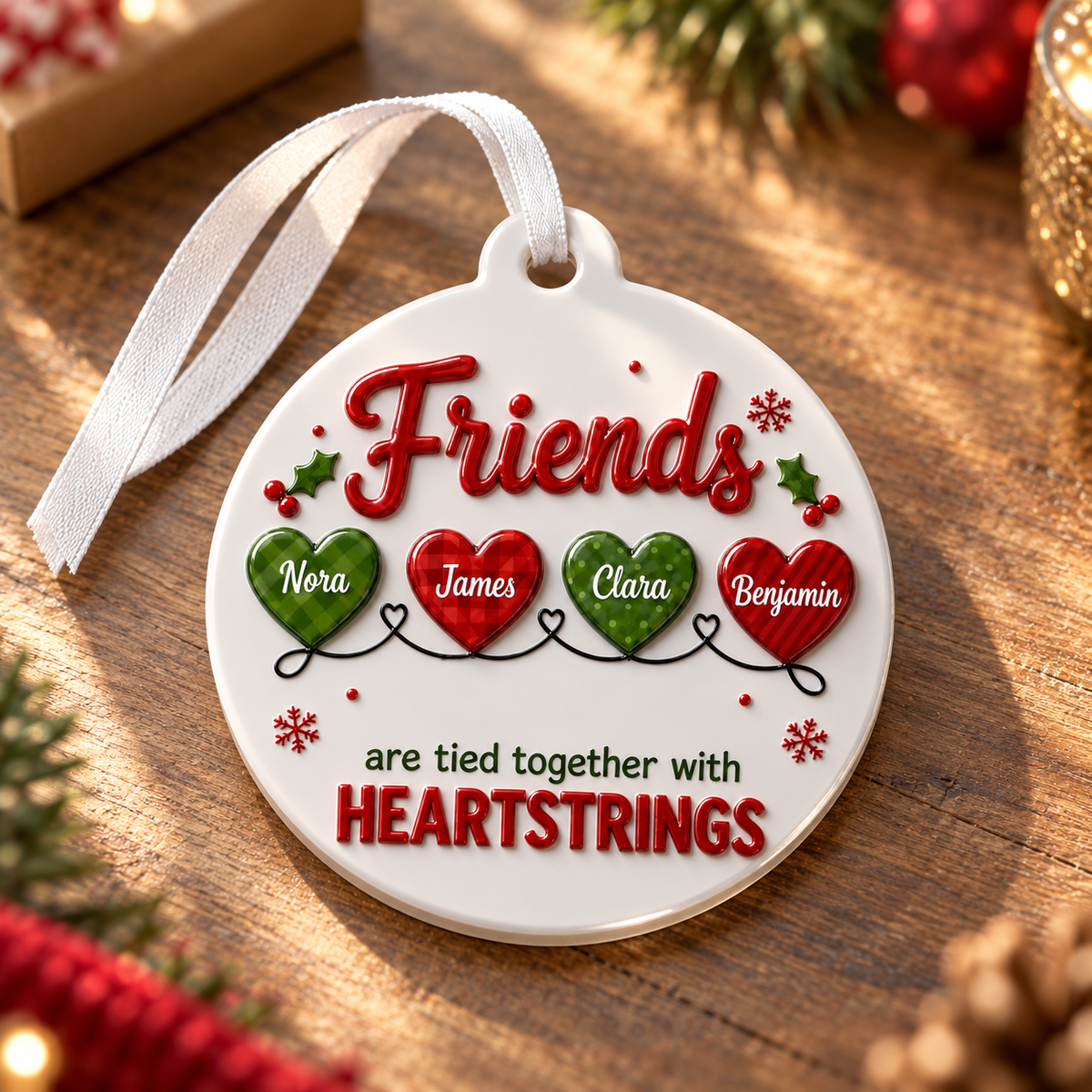 Friends Heartstrings Christmas Tree Holiday Decor, Oval White Design with Raised Red Green Details - 3D Relief Ornament