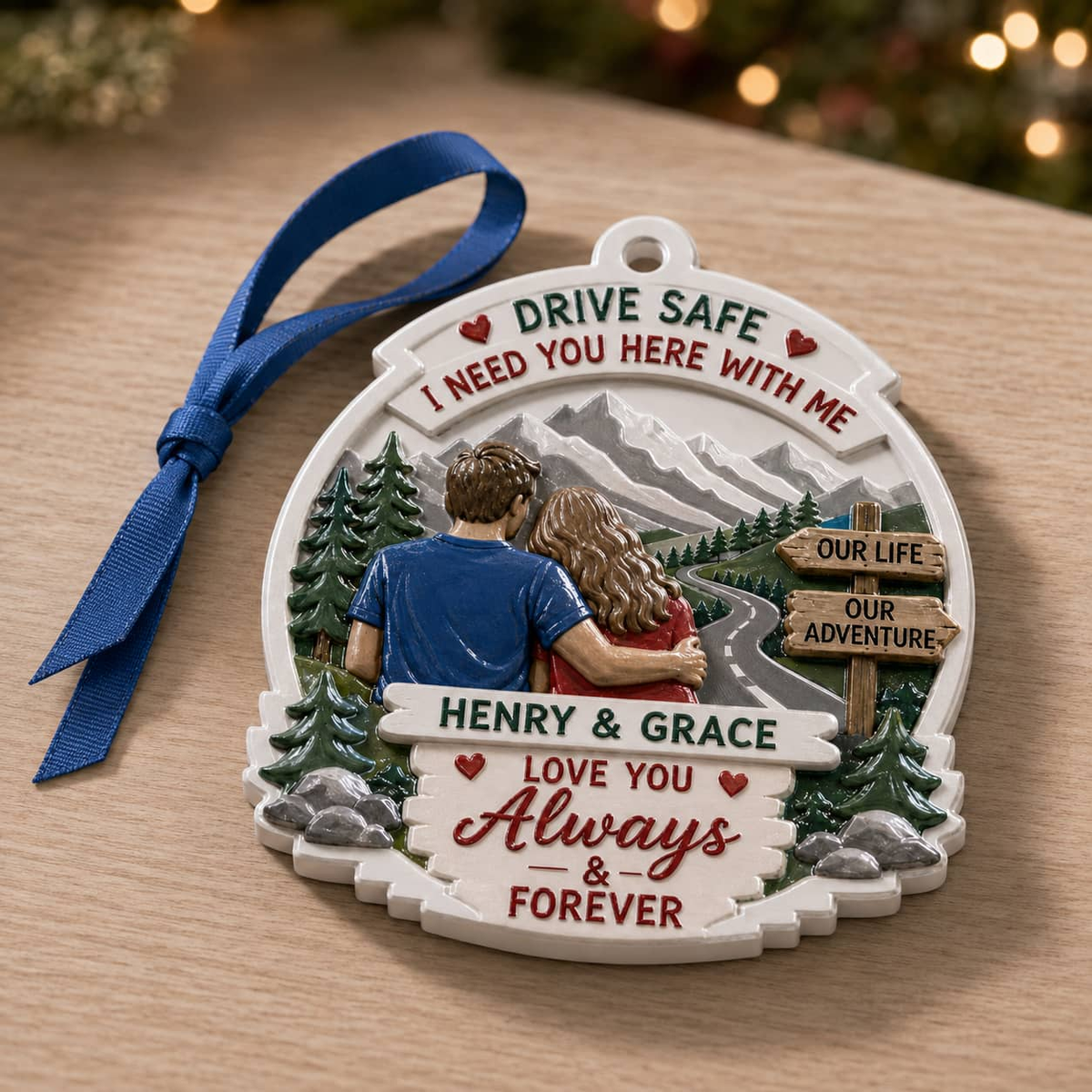 Drive Safe Couple Keepsake, Oval Mountain Scenery and Pine Trees Hanging Decor - 3D Relief Ornament