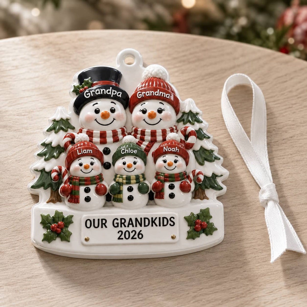 Snowman Grandparents and Grandkids Christmas Tree Keepsake - 3D Relief Ornament