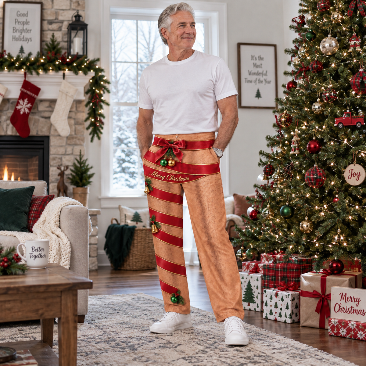 Christmas Pajama Pants Novelty Hairy Leg Ribbon Print Lounge Bottoms