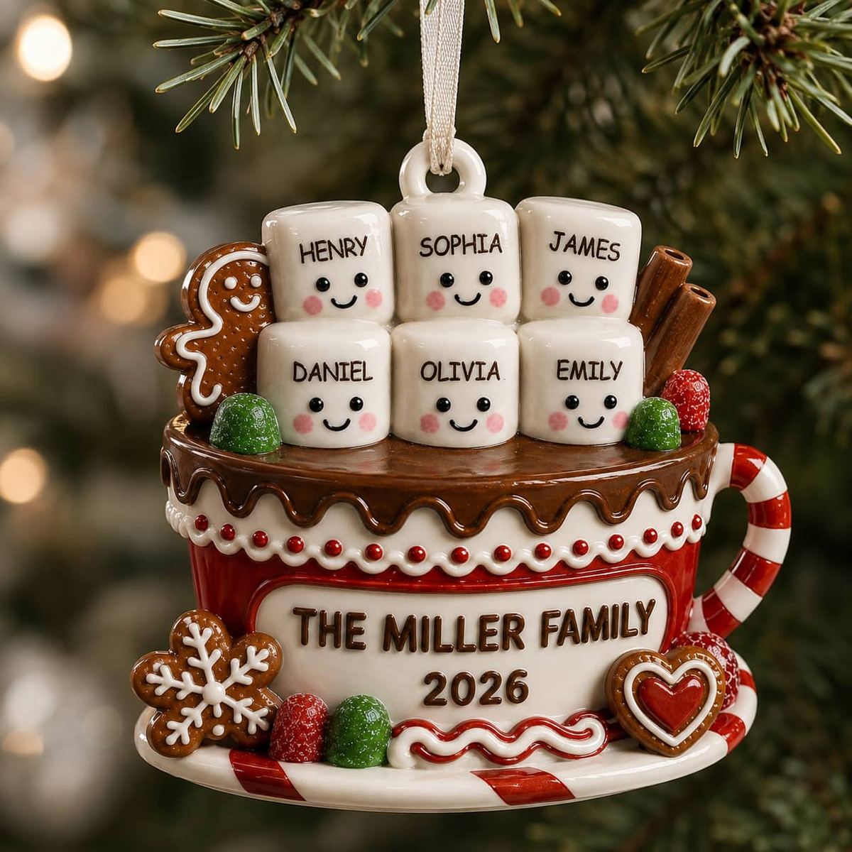 Hot Chocolate Mug Family Marshmallow Christmas Keepsake - 3D Relief Ornament