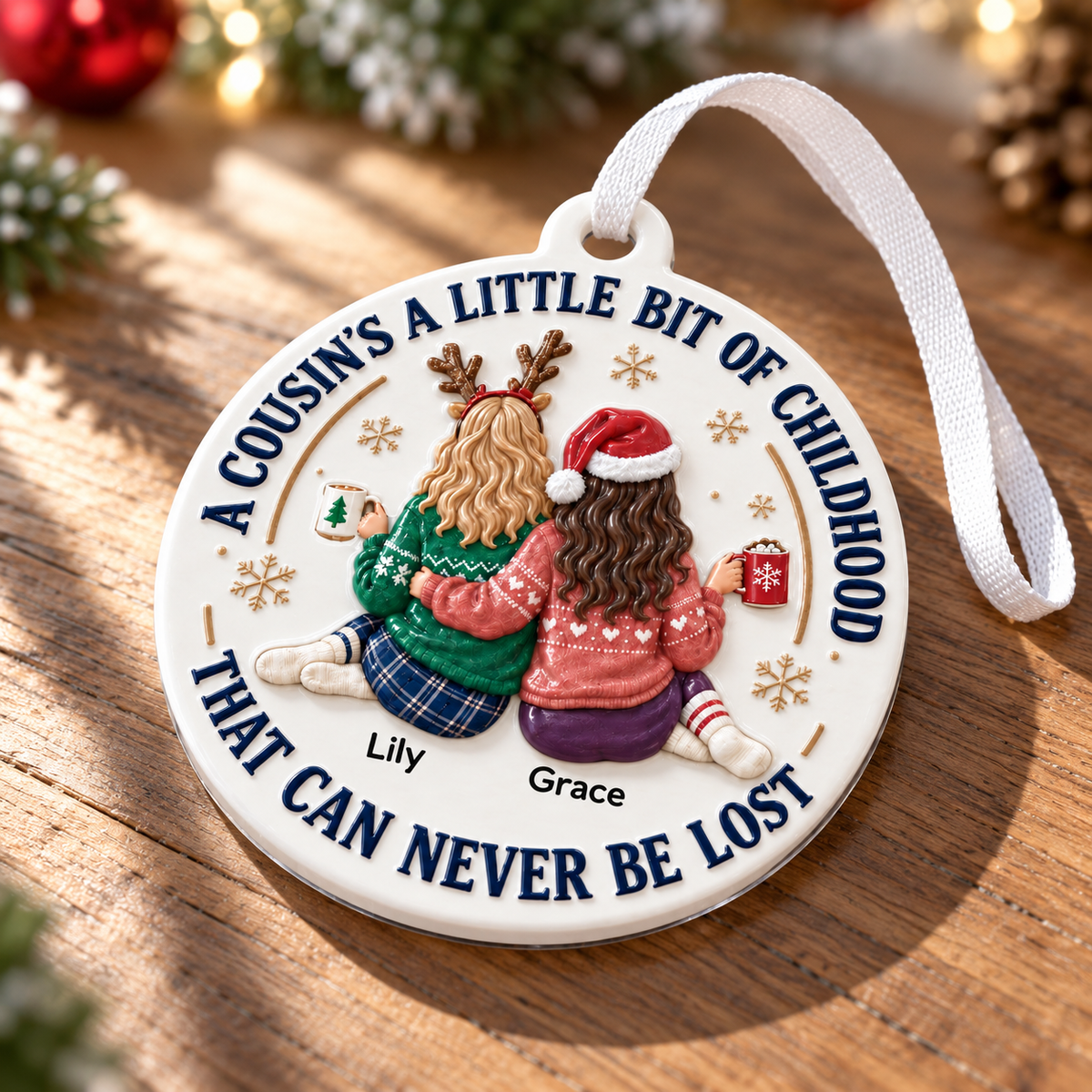 Christmas Tree Keepsake with Cousins Quote, Round Holiday Decor - 3D Relief Ornament