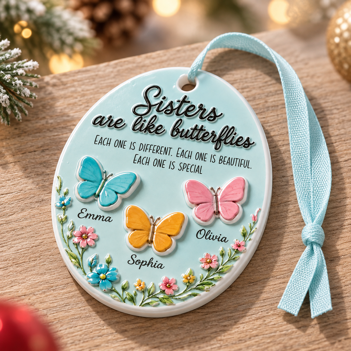 Sisters Are Like Butterflies Oval Light Blue Floral Hanging Keepsake - 3D Relief Ornament