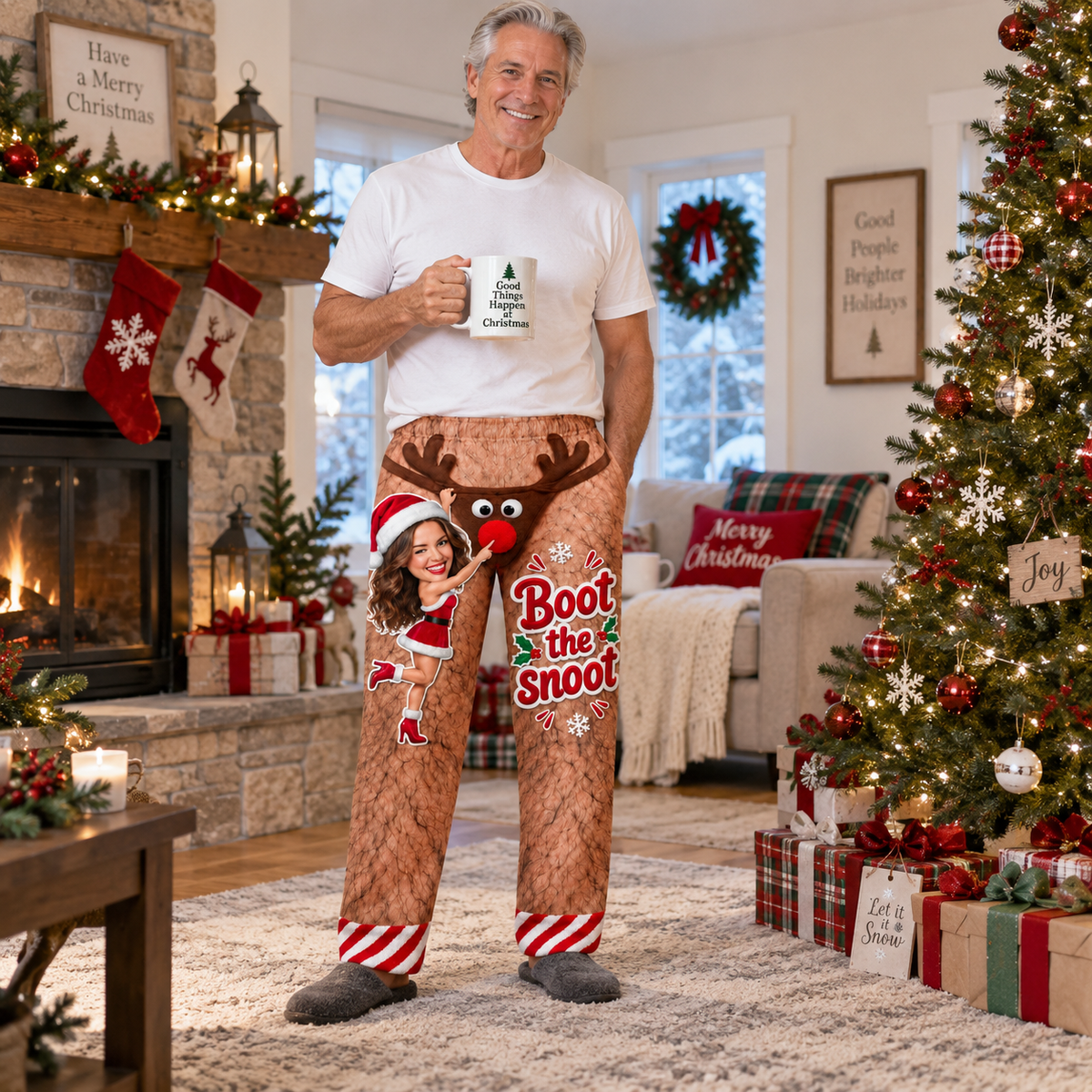 Pajama Pants Christmas Reindeer Hairy Leg Graphic Holiday Loungewear