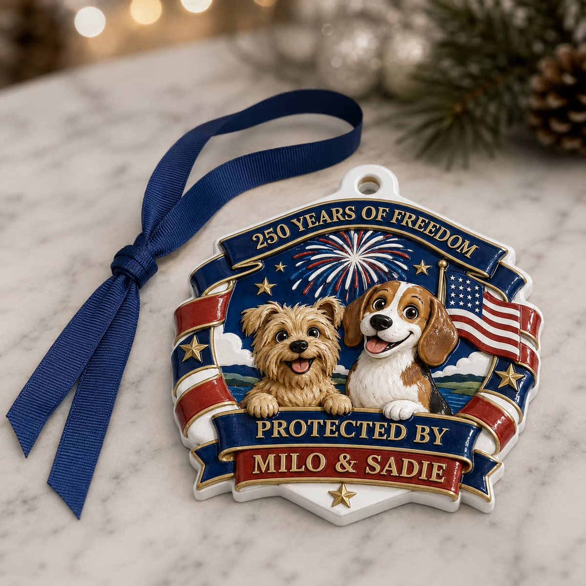 Patriotic Dogs Shield Christmas Tree Hanging Decor, 250 Years of Freedom - 3D Relief Ornament
