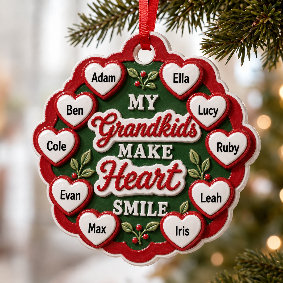 Grandkids Make Heart Smile Red and Green Scalloped Tree Keepsake - 3D Relief Ornament