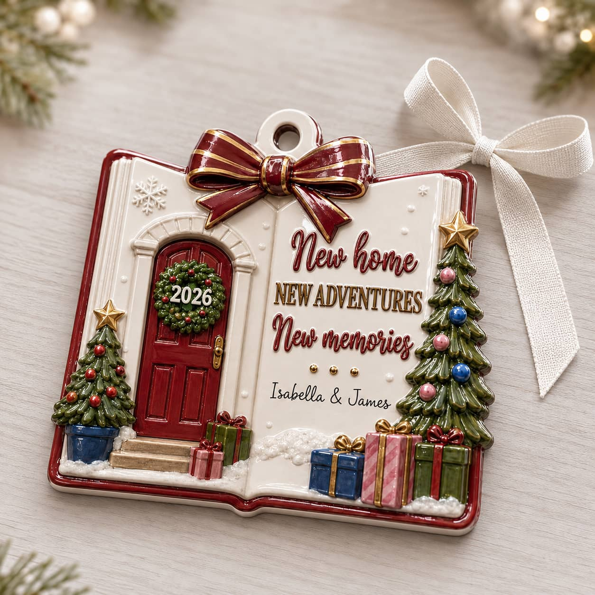 New Home Keepsake, Open Book Shape Red Front Door and Tree Holiday Decor - 3D Relief Ornament