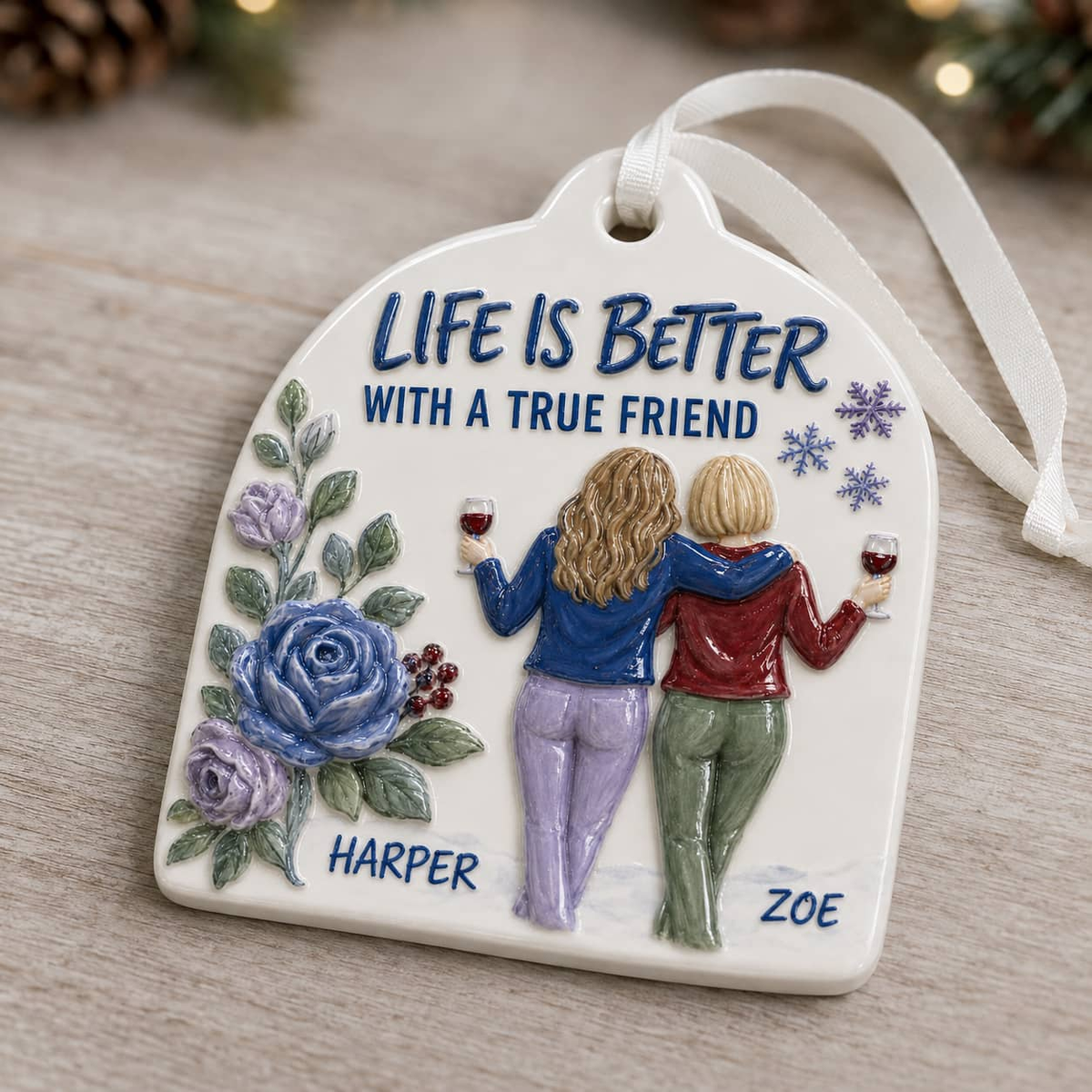Friendship Keepsake with Two Women Toasting Wine - 3D Relief Ornament