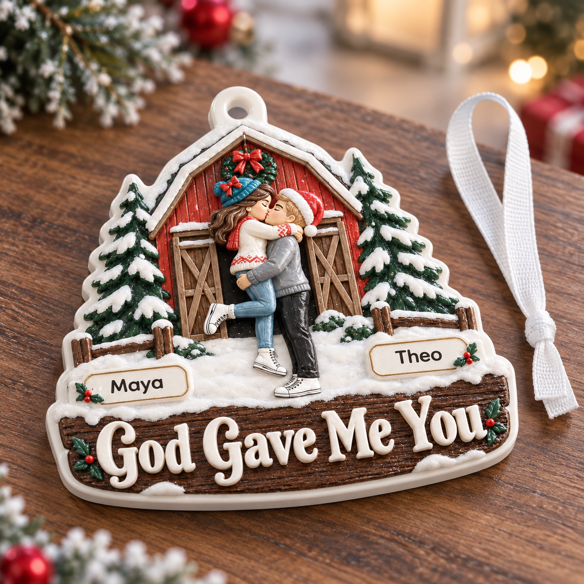 God Gave Me You Couple Winter Barn Cabin Christmas Hanging Keepsake - 3D Relief Ornament