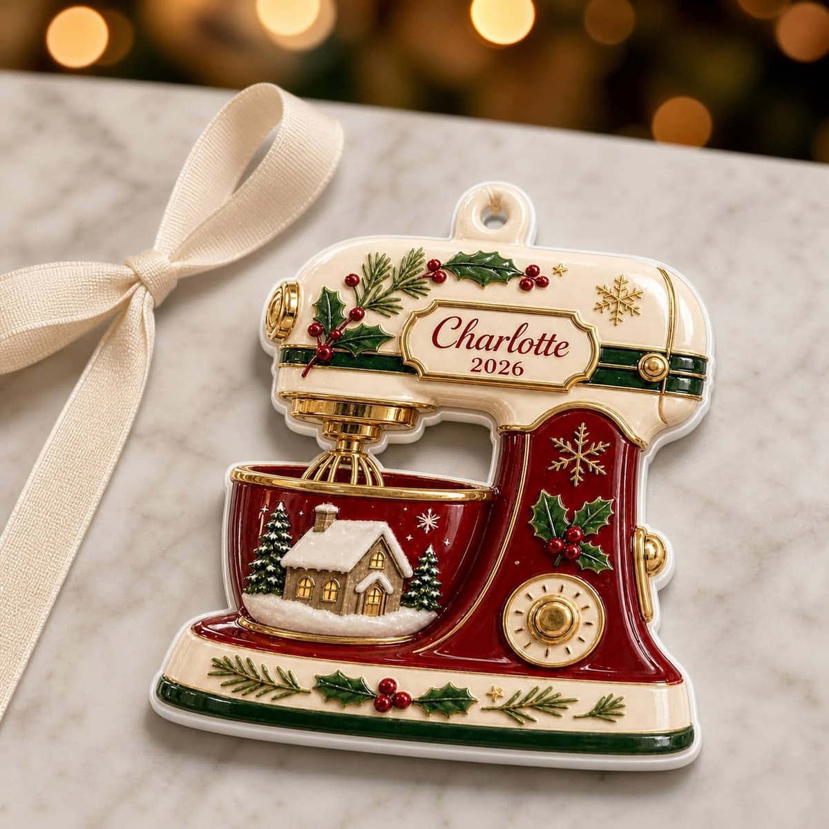 Vintage Kitchen Baking Stand Mixer in Red and Cream with Winter Cottage Scene - 3D Relief Ornament