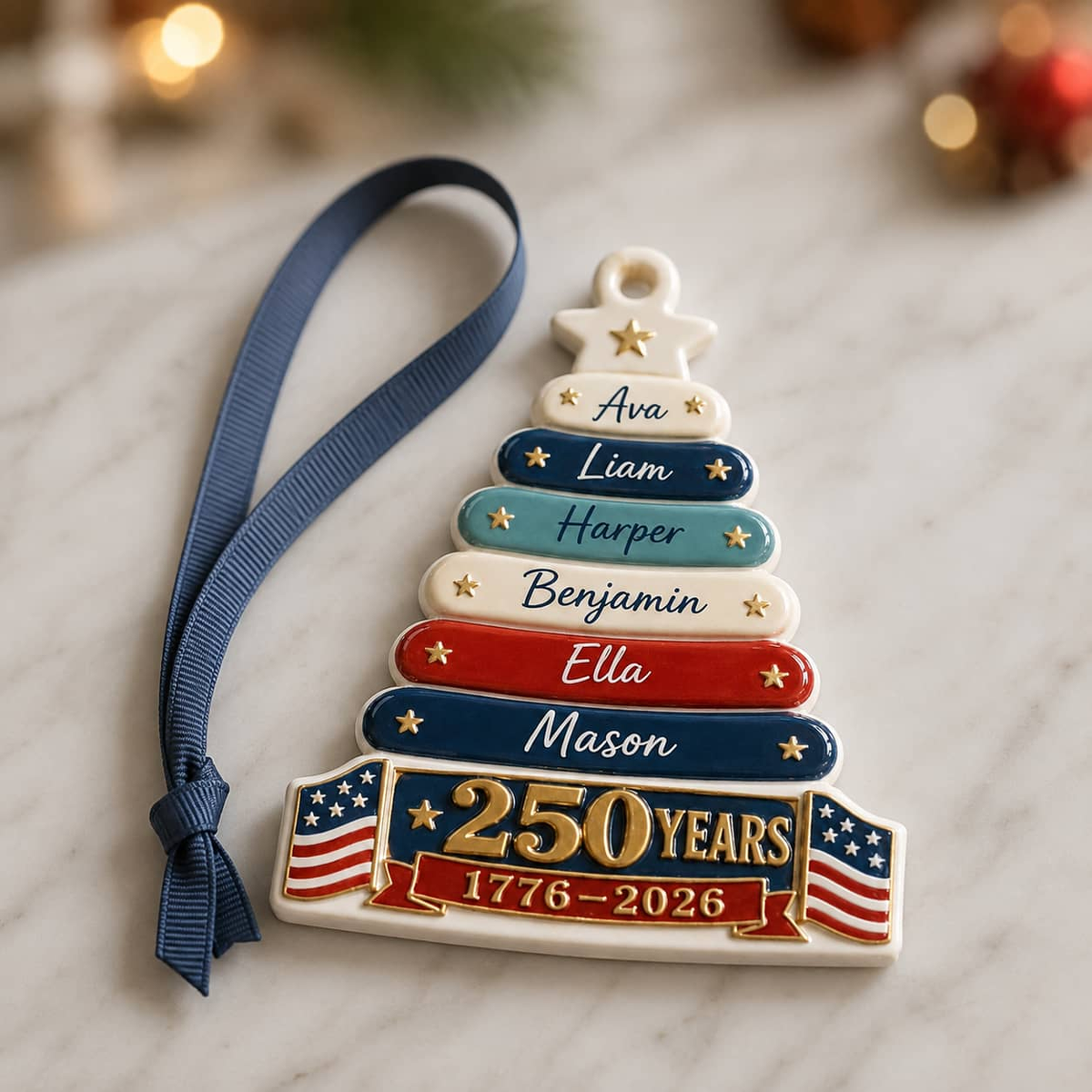 USA 250 Years 1776-2026 Patriotic Christmas Family Tree Keepsake - 3D Relief Ornament