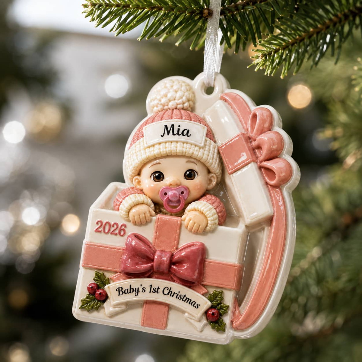Baby's First Christmas Infant in Pink Present Box Holiday Keepsake - 3D Relief Ornament