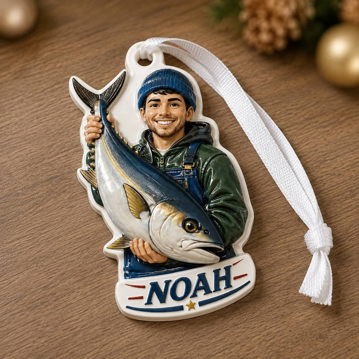 Fisherman Christmas Tree Keepsake Holding Saltwater Tuna Catch - 3D Relief Ornament
