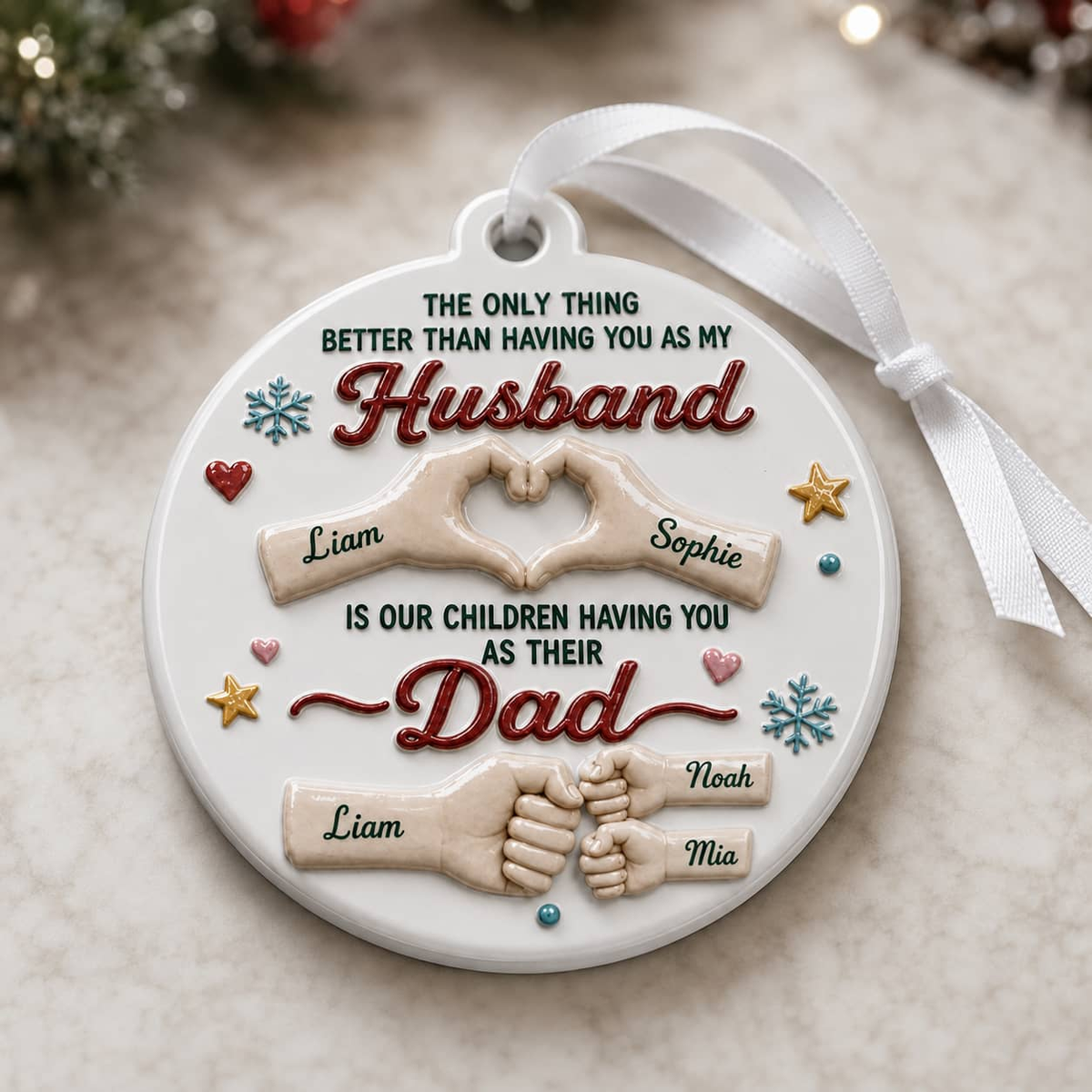 Husband and Dad Family Keepsake, Round White Fist Bump Heart Hands Hanging Decor - 3D Relief Ornament