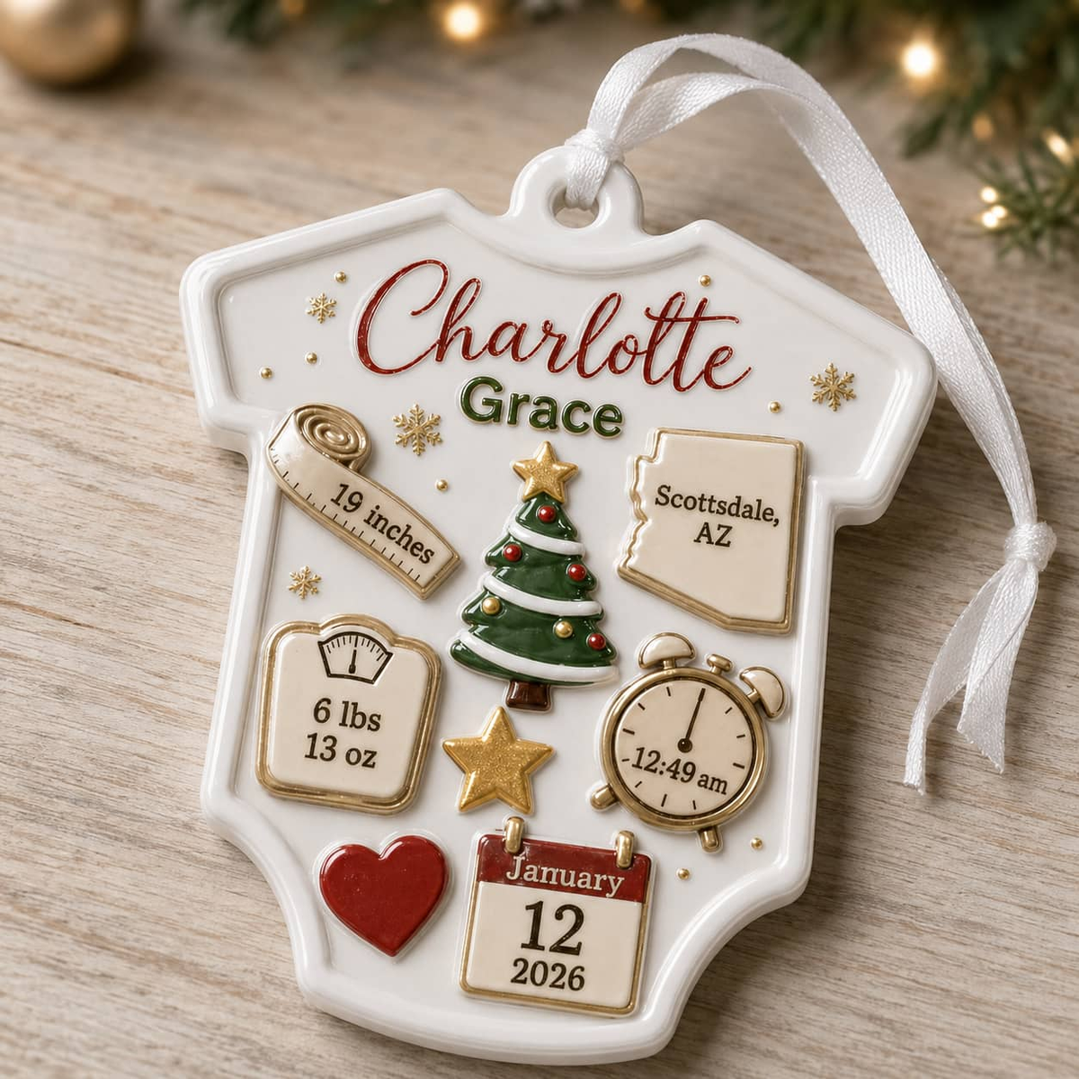 Baby Bodysuit Birth Stats Christmas Keepsake Hanging Holiday Decor - 3D Relief Ornament