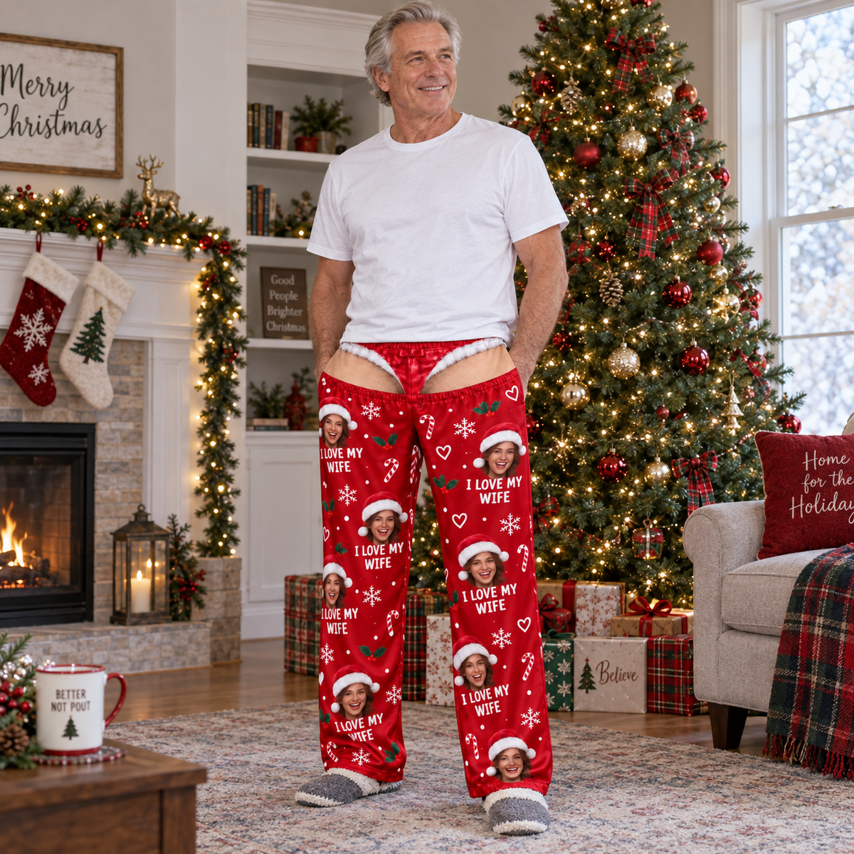 Christmas Pajama Pants Red Novelty Holiday Sleep Bottoms Wide Leg