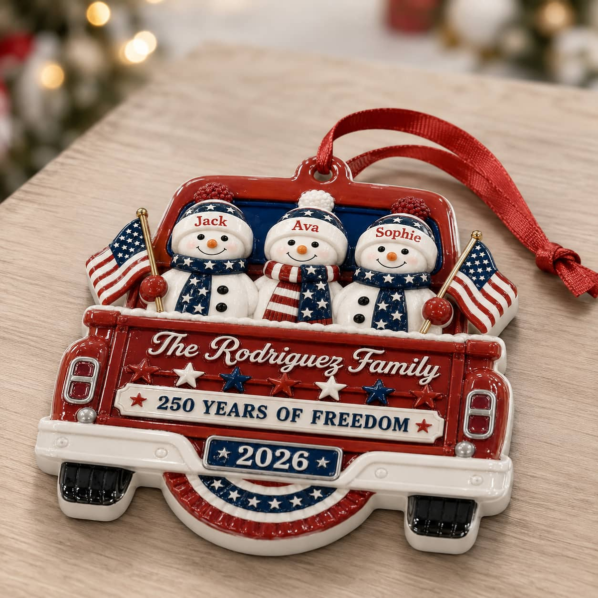 Christmas Snowman Pickup Truck Holiday Decor, Patriotic Red White Blue Design - 3D Relief Ornament