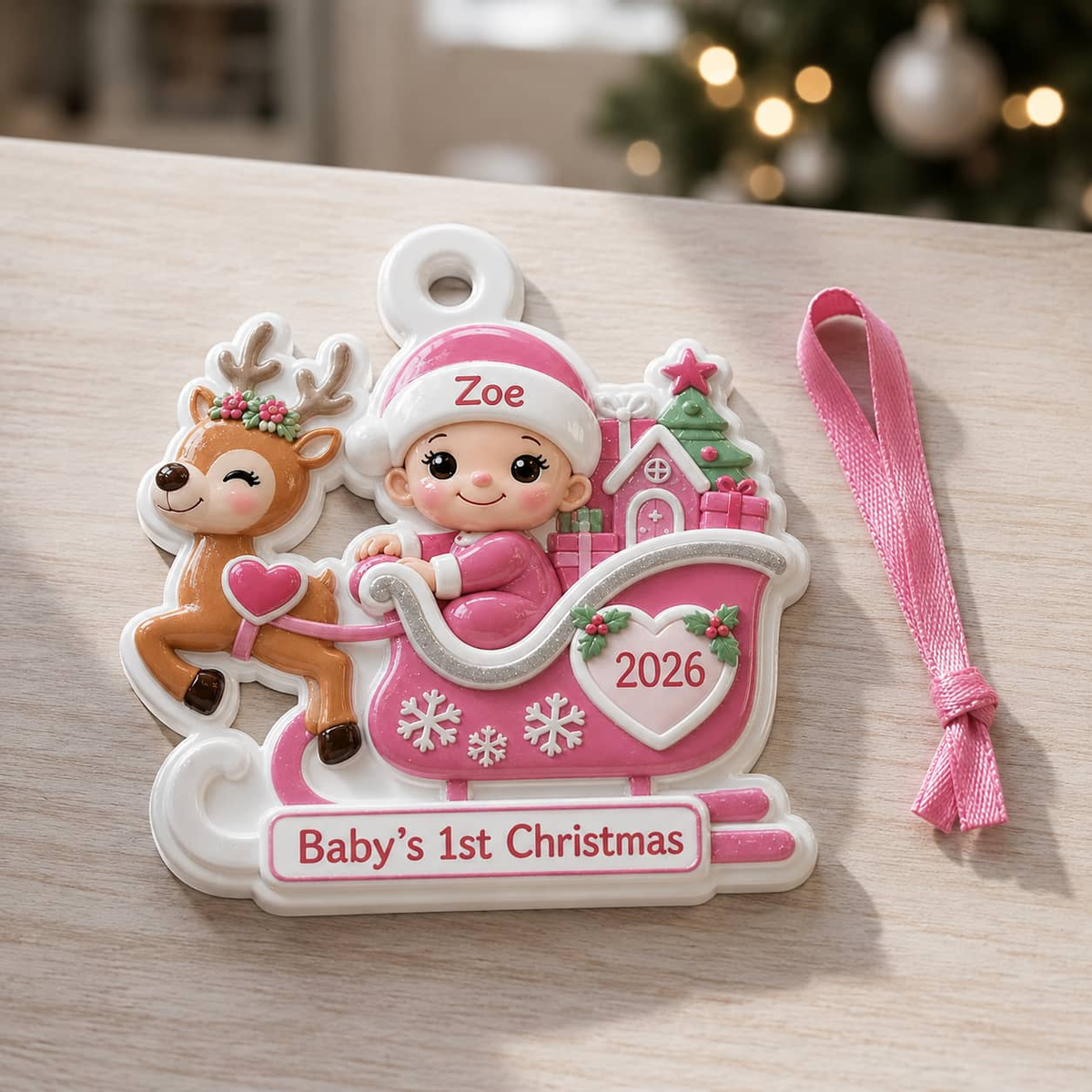Baby's First Christmas Pink Reindeer Sleigh Holiday Keepsake - 3D Relief Ornament