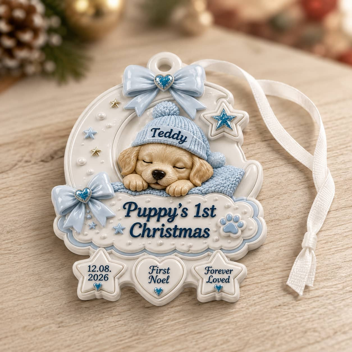 Puppy’s First Christmas Crescent Moon Holiday Decor, Blue Bow and Sleeping Puppy Design - 3D Relief Ornament
