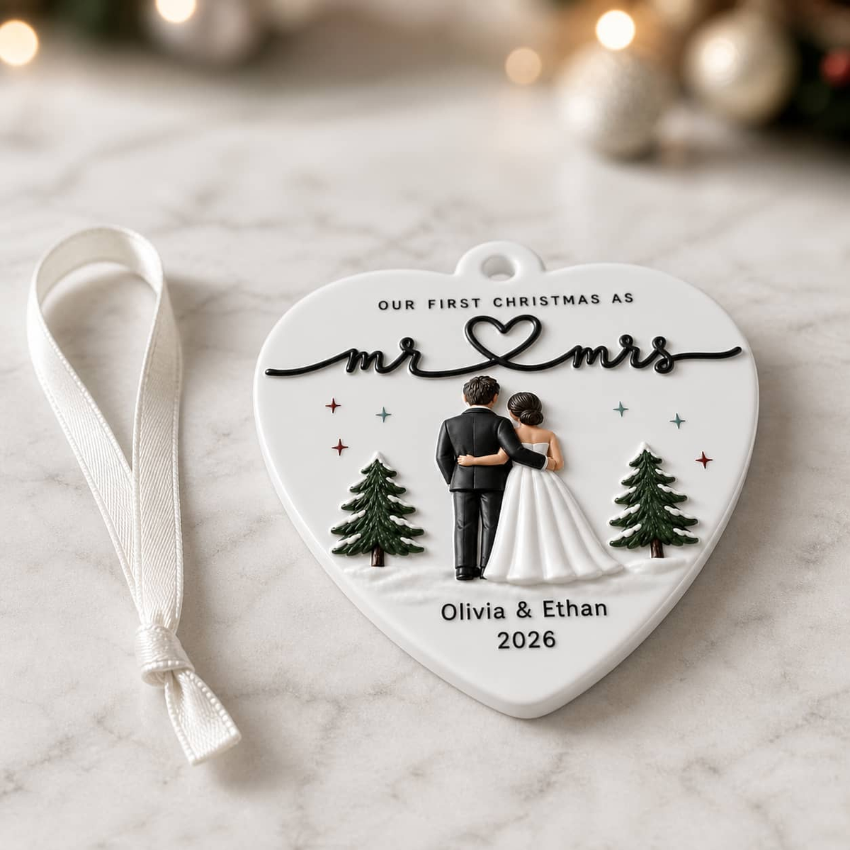 First Christmas Mr and Mrs Wedding Couple Heart Keepsake - 3D Relief Ornament