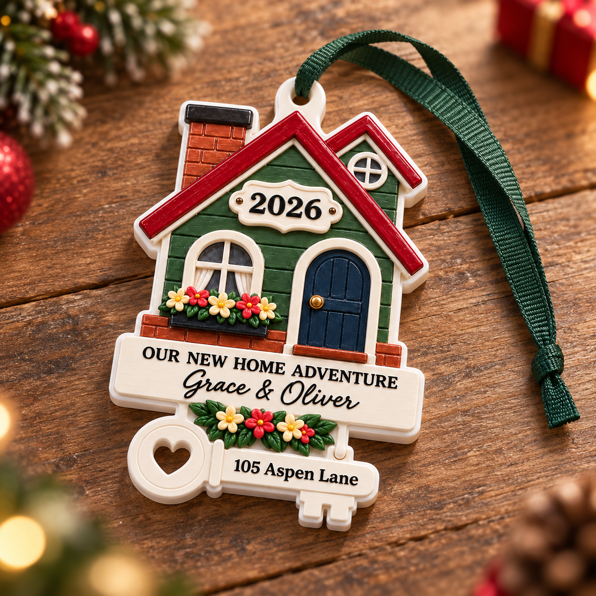 New Home Adventure House and Key Shaped Christmas Tree Hanging Decor - 3D Relief Ornament
