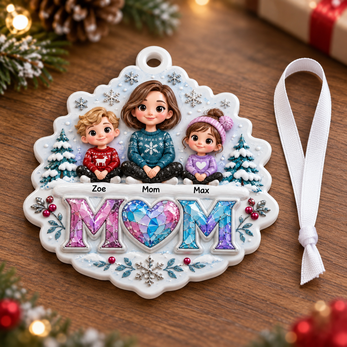 Mom and Two Children Winter Family Tree Hanging Decor with Snowflakes - 3D Relief Ornament