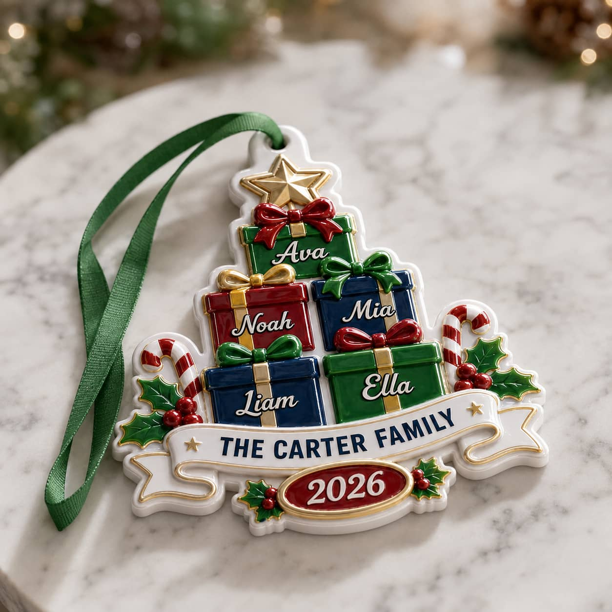 Personalized Christmas Tree Family Decoration with Stacked Gifts, 2026 Holiday Family Name Design - 3D Relief Ornament