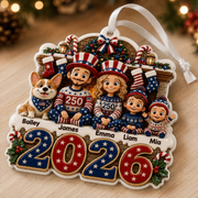 Christmas Family Decoration with Cartoon Family and Dog, 2026 Patriotic Red White Blue Design - 3D Relief Ornament