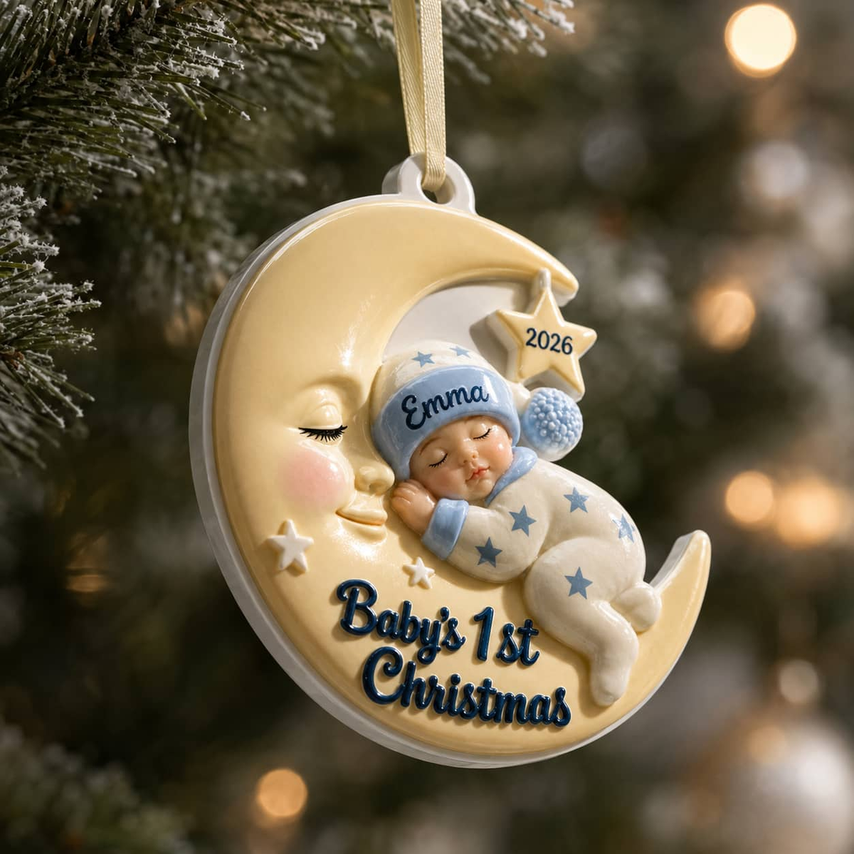 Baby's First Christmas Sleeping Infant on Crescent Moon Holiday Keepsake - 3D Relief Ornament