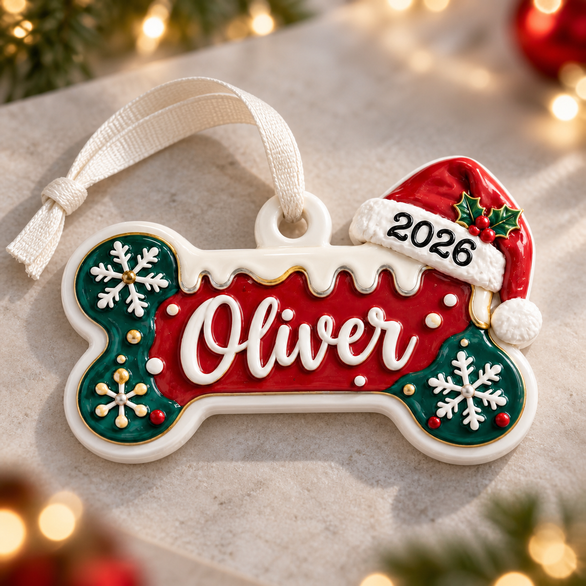 Dog Bone Christmas Tree Hanging Decor with Red Santa Hat and Snowflakes - 3D Relief Ornament