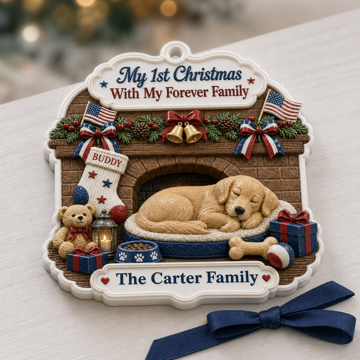 Holiday Tree Decoration, First Christmas Sleeping Puppy by Fireplace - 3D Relief Ornament