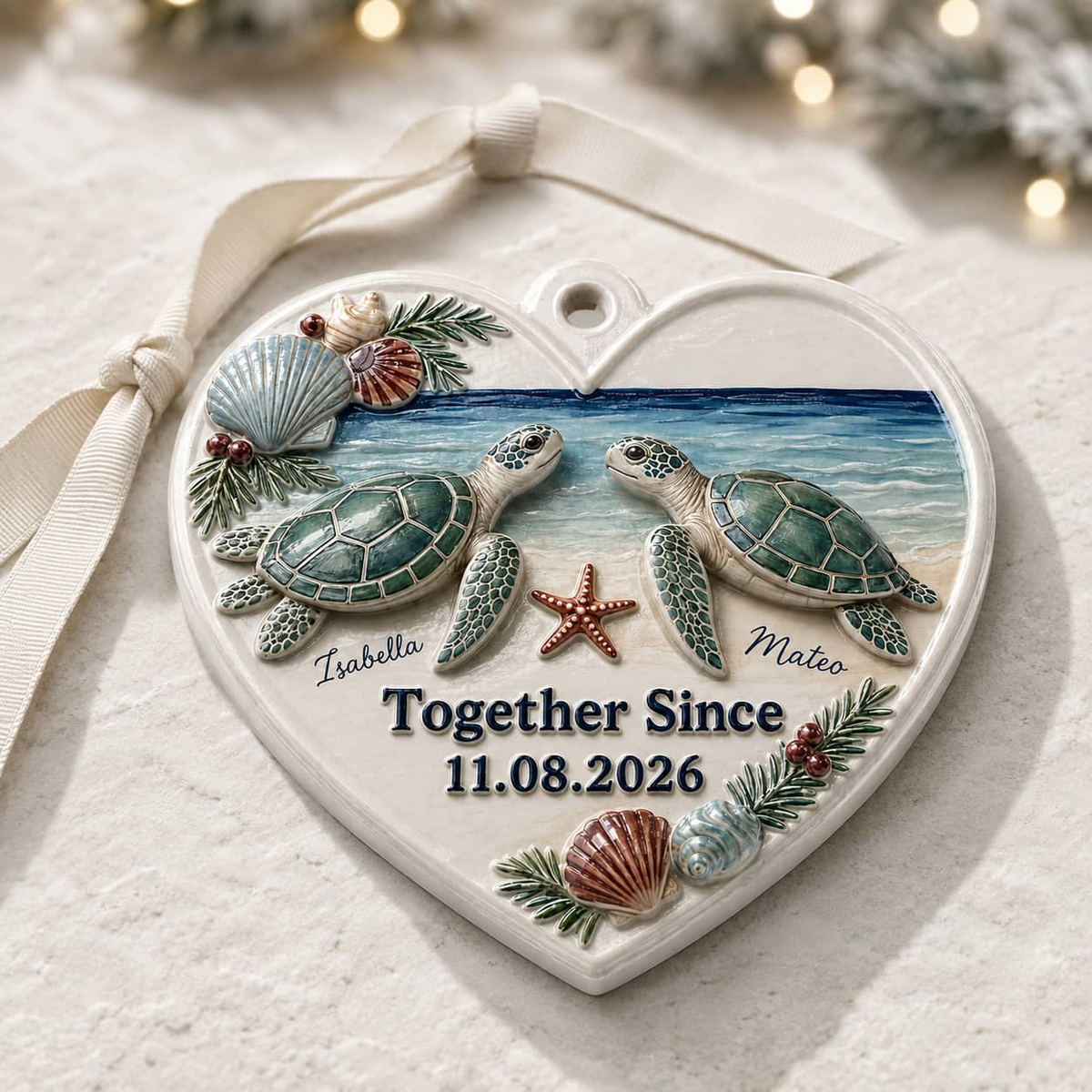Heart Shaped Sea Turtle Couple Ocean Beach Holiday Tree Keepsake - 3D Relief Ornament