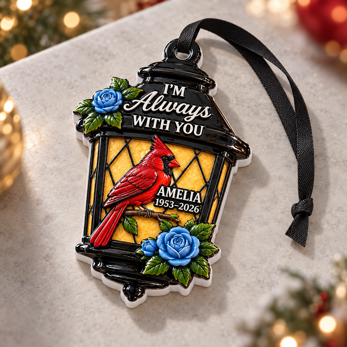 Red Cardinal Memorial Lantern Hanging Keepsake with Blue Roses - 3D Relief Ornament