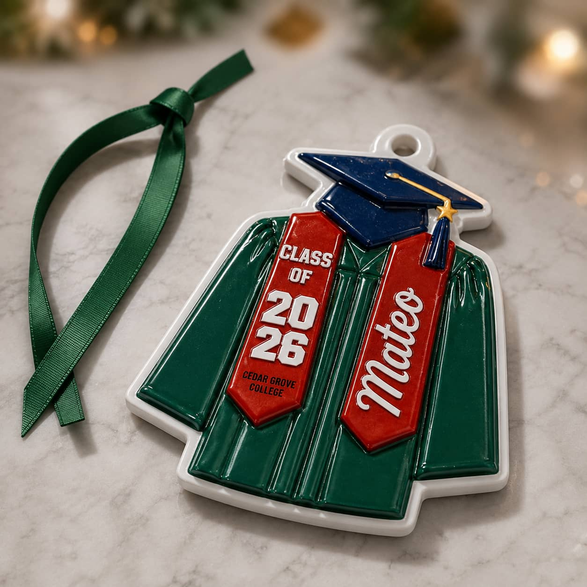 Graduation Cap and Gown Holiday Keepsake for High School or College Commencement - 3D Relief Ornament