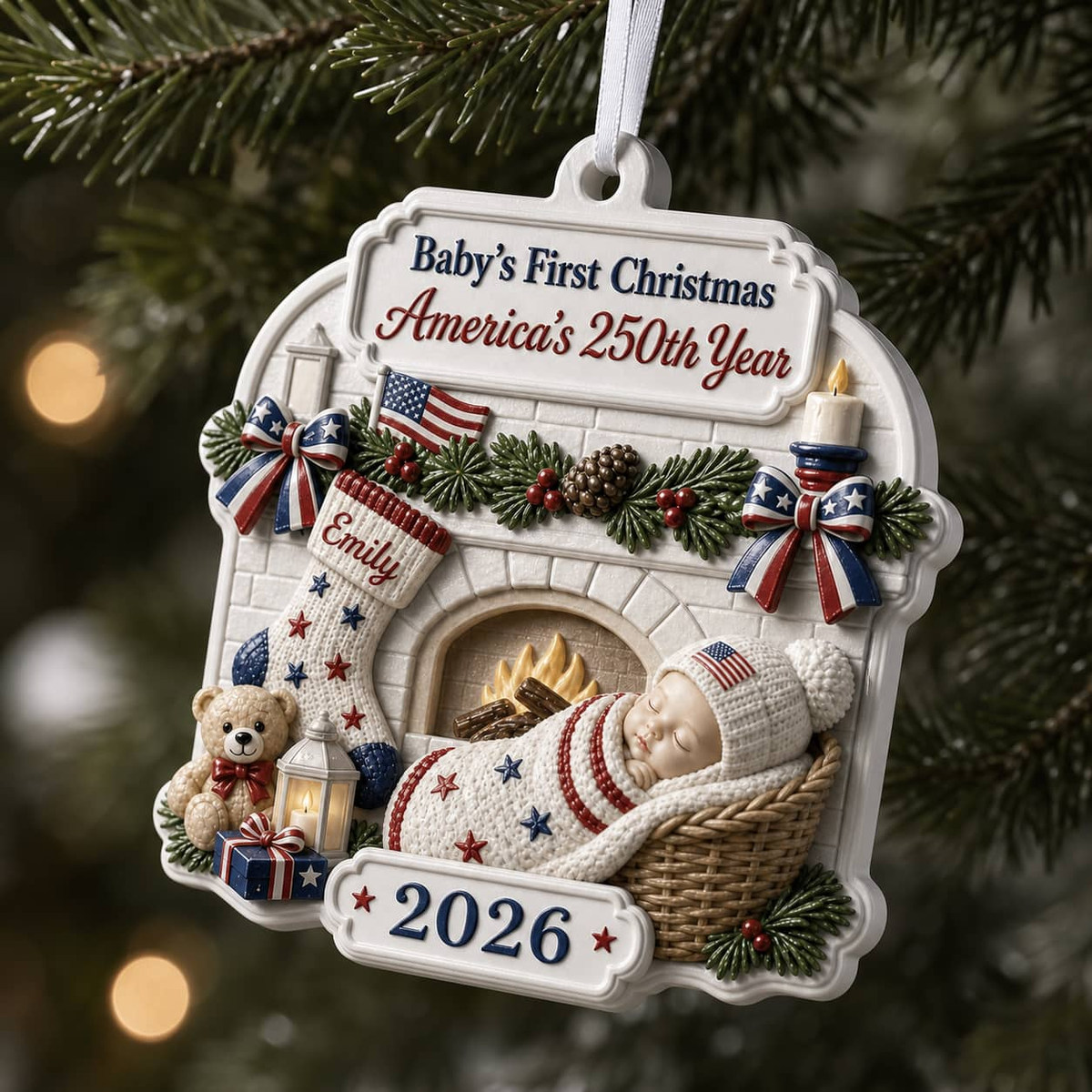 Baby's First Christmas 2026 Hanging Keepsake, America's 250th Year Patriotic Fireplace - 3D Relief Ornament