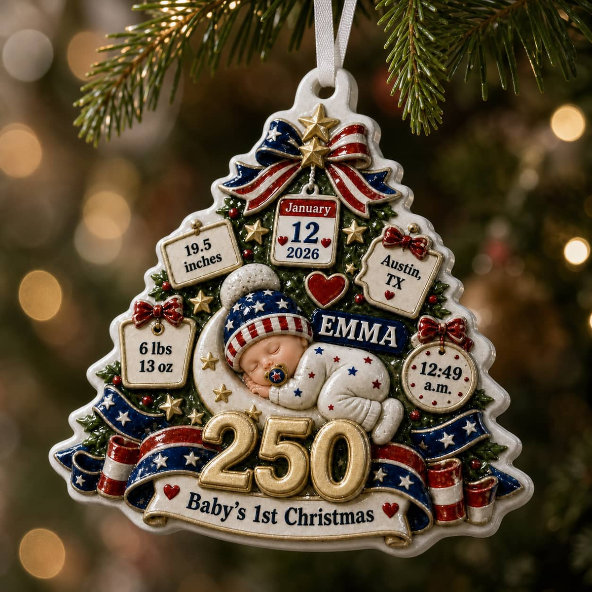 Baby's First Christmas Tree Keepsake, America 250 Patriotic Birth Stats - 3D Relief Ornament