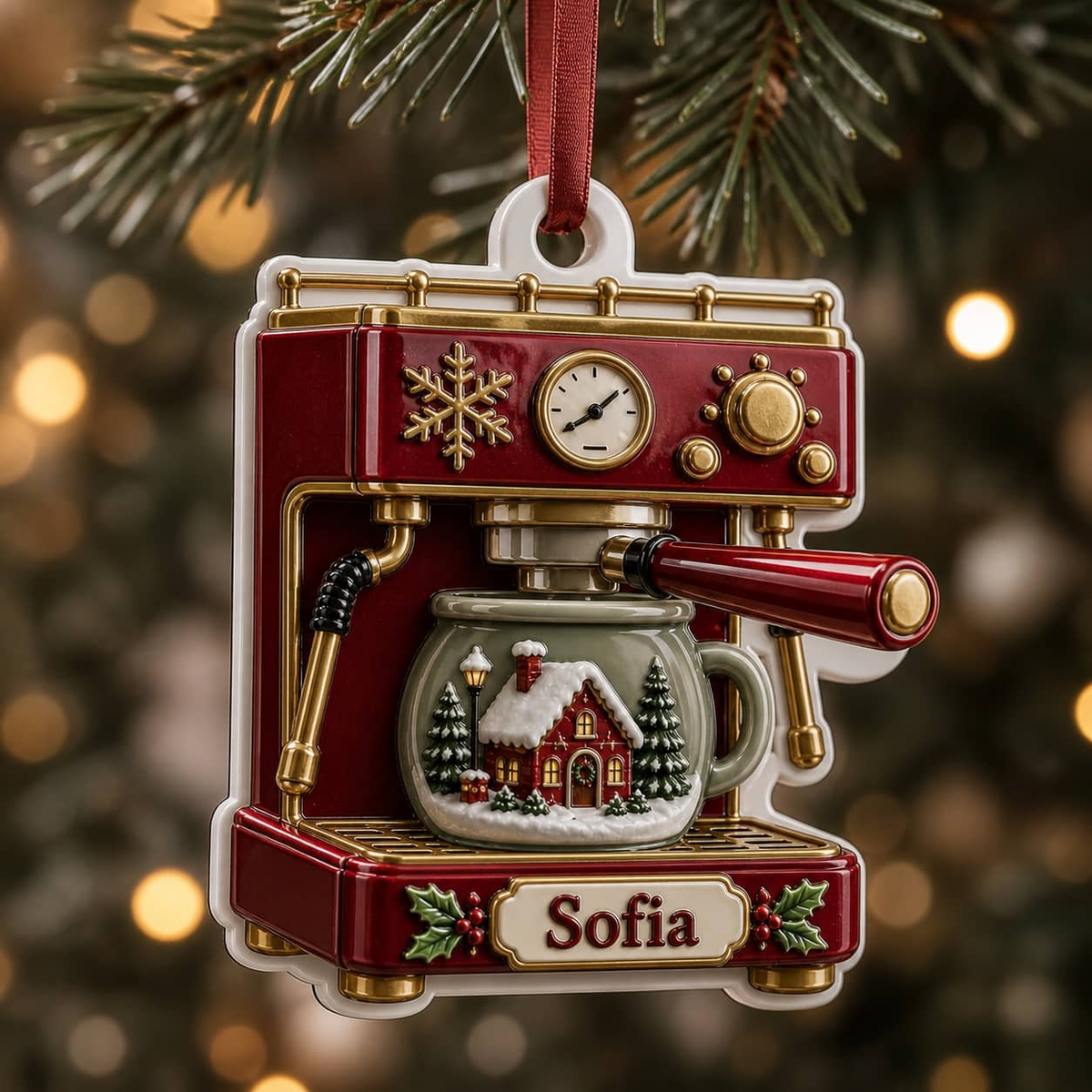 Retro Espresso Coffee Machine with Winter Village Mug Holiday Decor - 3D Relief Ornament