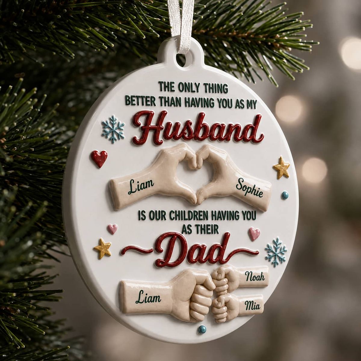 Husband and Dad Family Keepsake, Round White Fist Bump Heart Hands Hanging Decor - 3D Relief Ornament