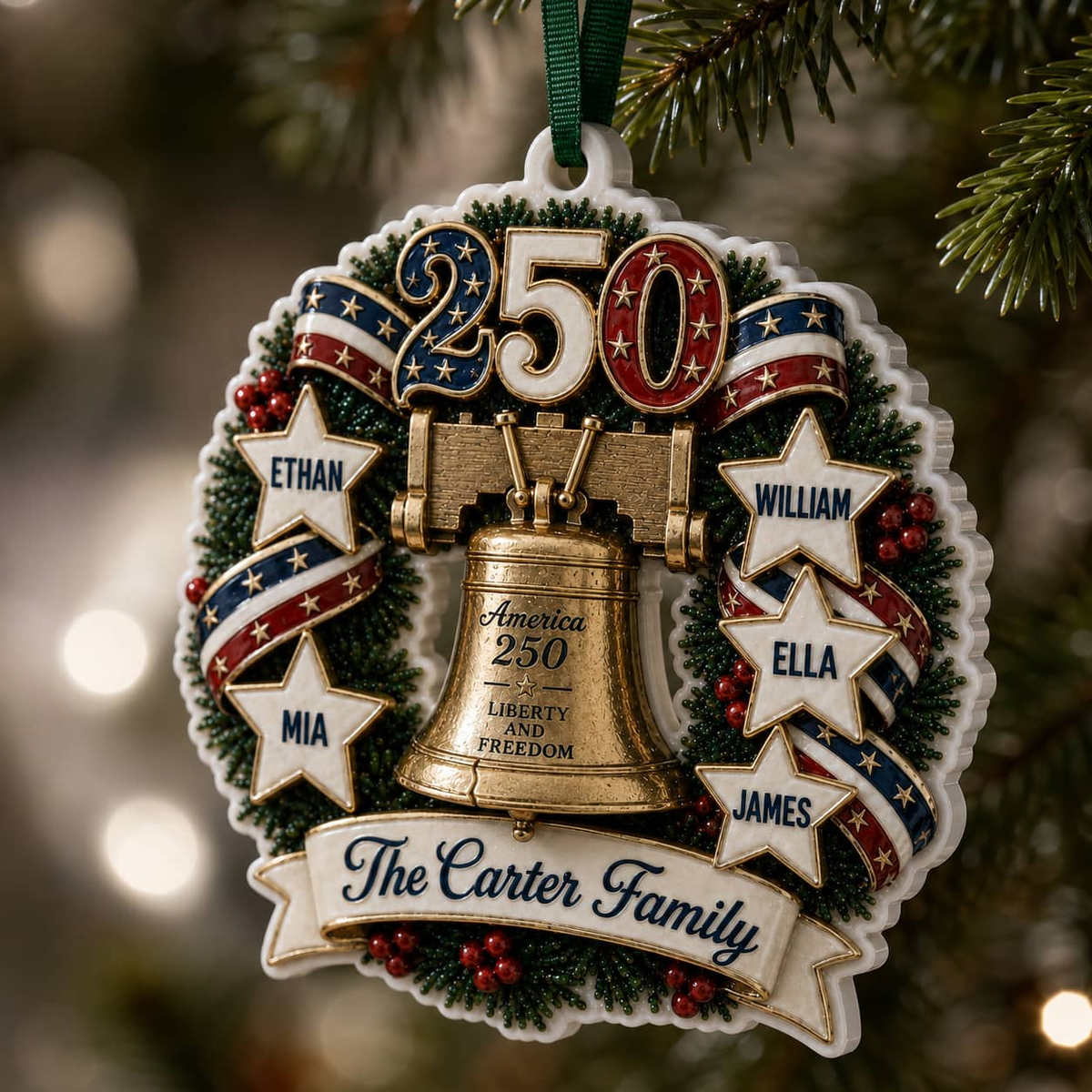 Patriotic Liberty Bell Wreath 250th Anniversary Stars and Ribbon Decor - 3D Relief Ornament