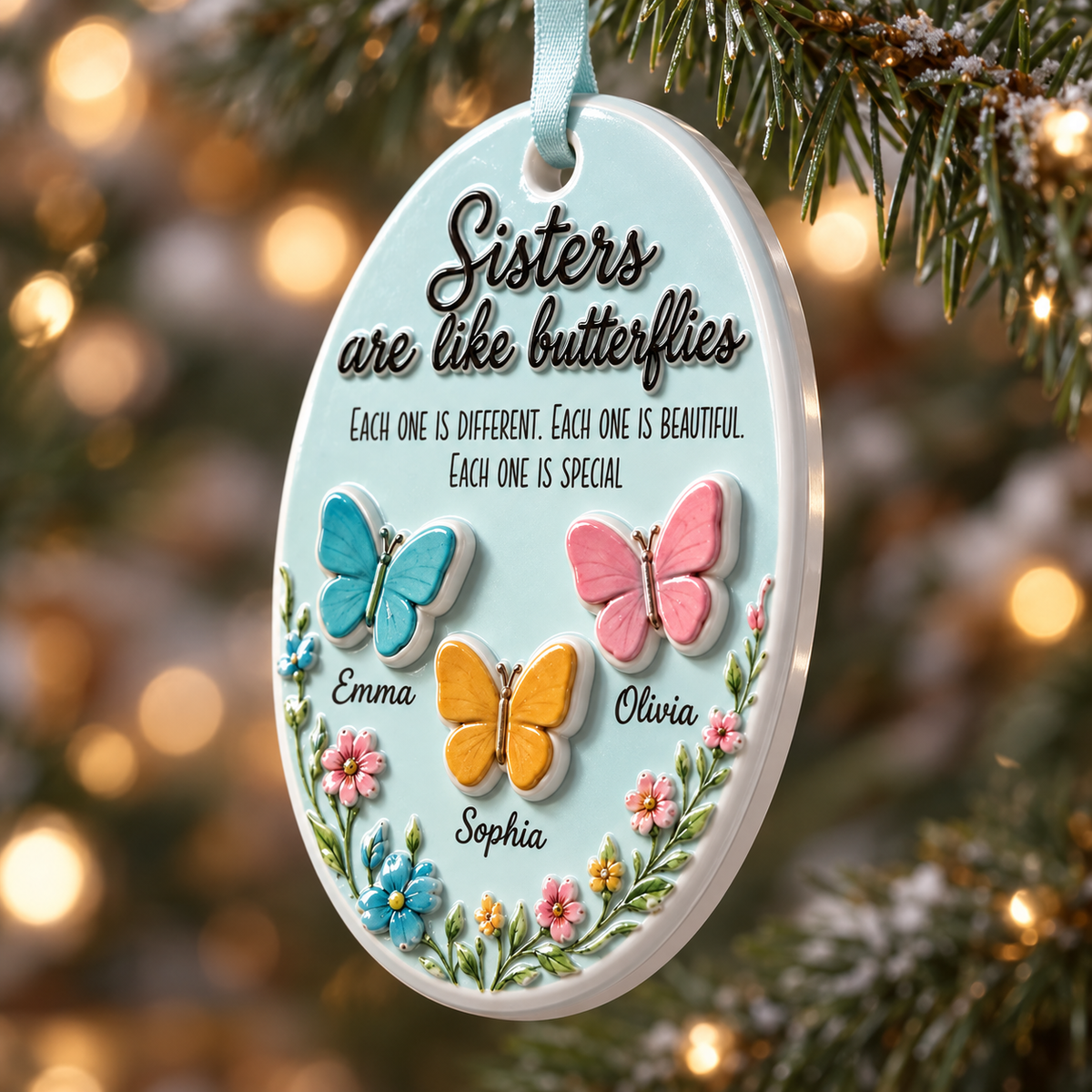 Sisters Are Like Butterflies Oval Light Blue Floral Hanging Keepsake - 3D Relief Ornament
