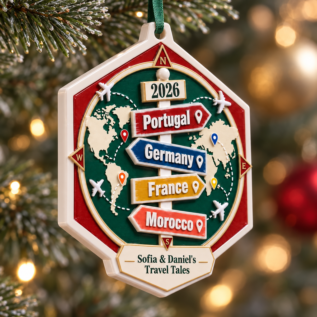 World Travel Map Vacation Signpost Compass Hexagon Hanging Keepsake - 3D Relief Ornament