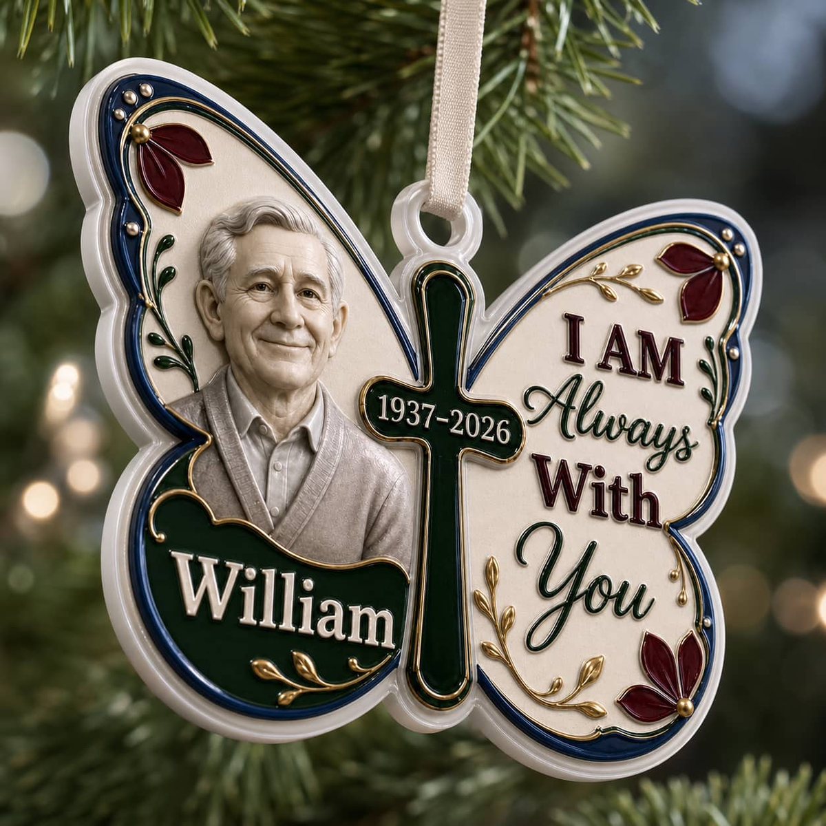 Memorial Butterfly Cross Hanging Tree Decor, I Am Always With You Keepsake - 3D Relief Ornament