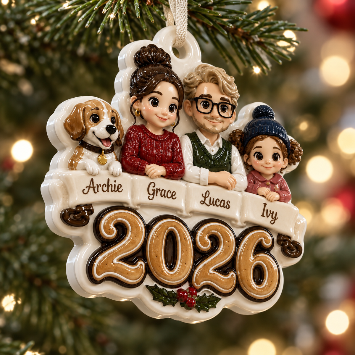 Family and Dog Christmas Tree Keepsake, Holiday Hanging Decor - 3D Relief Ornament