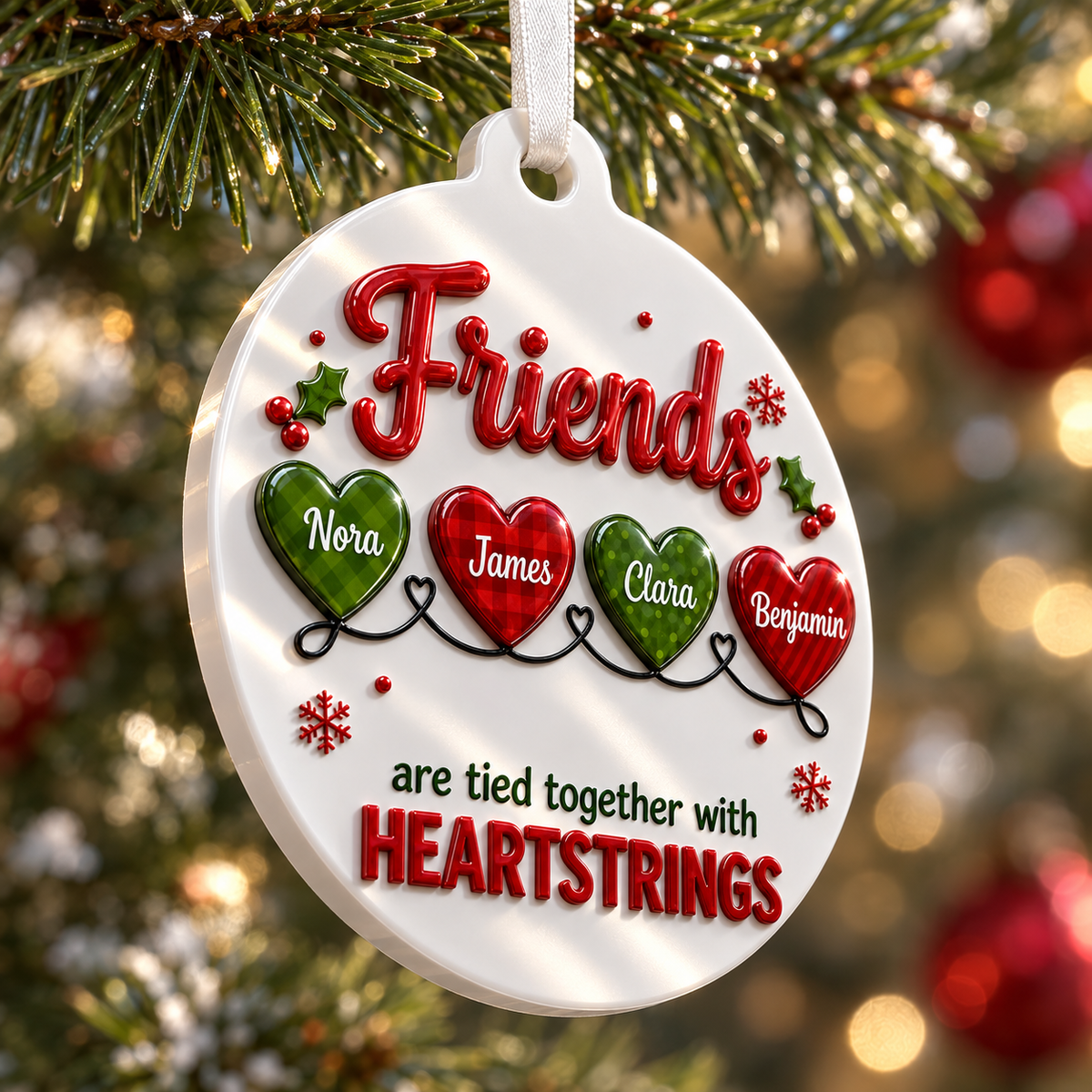 Friends Heartstrings Christmas Tree Holiday Decor, Oval White Design with Raised Red Green Details - 3D Relief Ornament