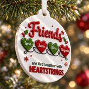 Friends Heartstrings Christmas Tree Holiday Decor, Oval White Design with Raised Red Green Details - 3D Relief Ornament