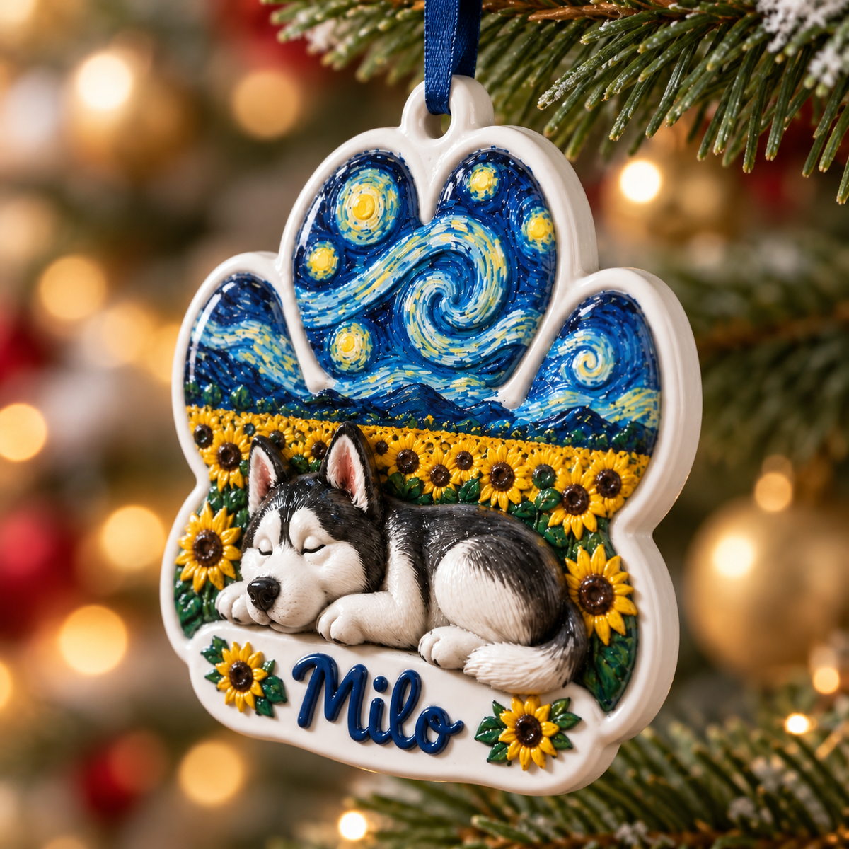 Sleeping Dog Paw Print Sunflower Christmas Tree Hanging Decor - 3D Relief Ornament