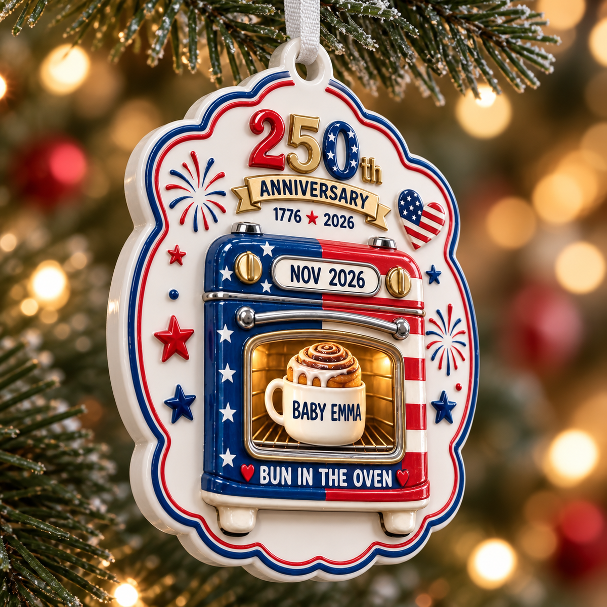 Patriotic 250th Anniversary Bun in the Oven Pregnancy Announcement Keepsake - 3D Relief Ornament