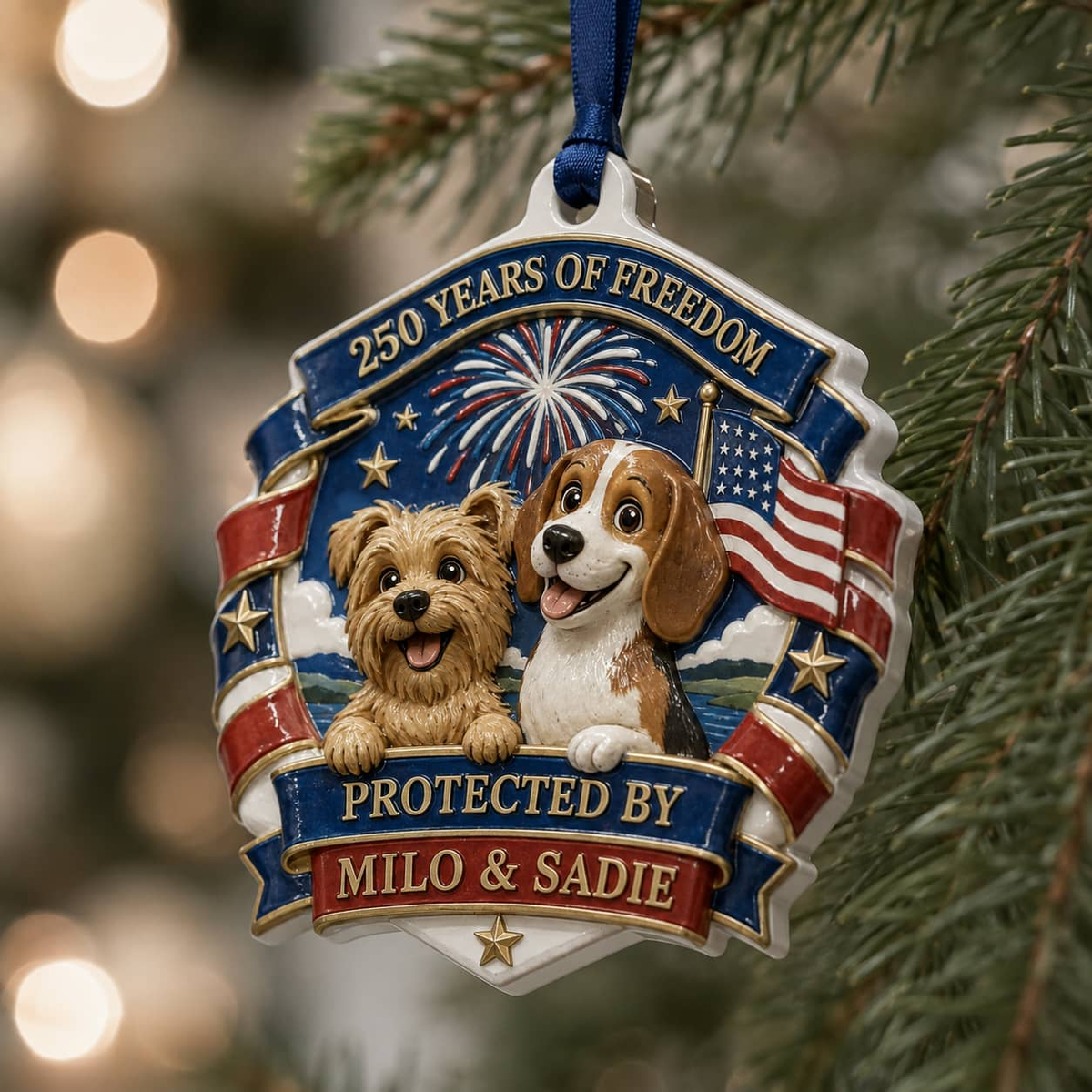 Patriotic Dogs Shield Christmas Tree Hanging Decor, 250 Years of Freedom - 3D Relief Ornament