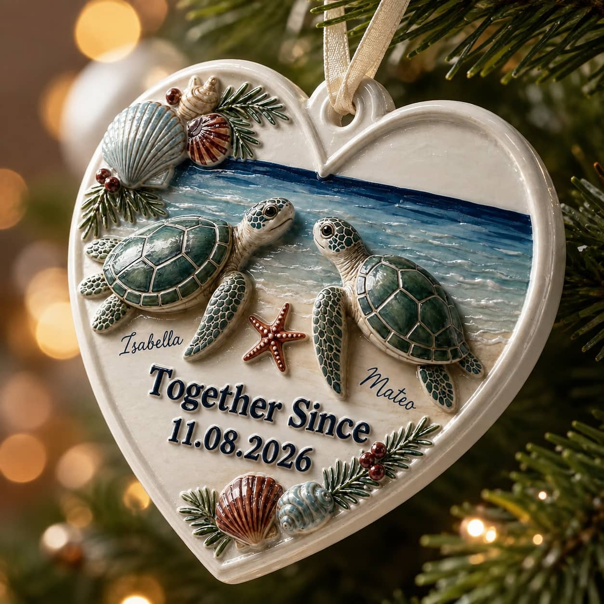 Heart Shaped Sea Turtle Couple Ocean Beach Holiday Tree Keepsake - 3D Relief Ornament